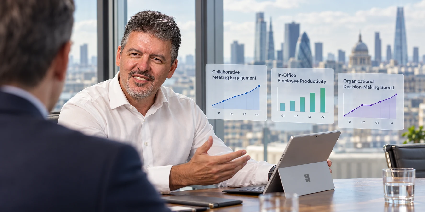 Conceptual scene of Byron discussing collaboration engagement, workplace productivity and decision speed with an executive in a high-rise meeting room